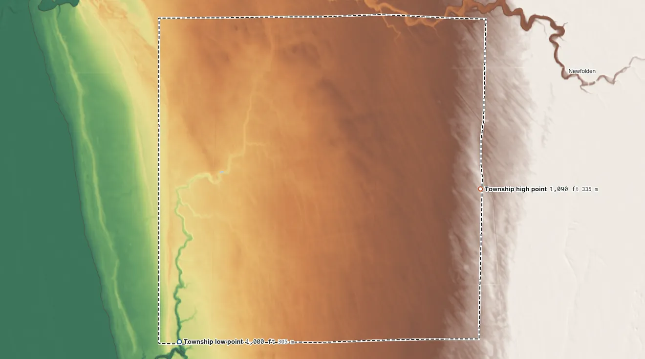 Topographic elevation map of Marsh Grove Township, Minnesota, shaded from 1,000 ft on the southwest side to 1,090 ft on the east side