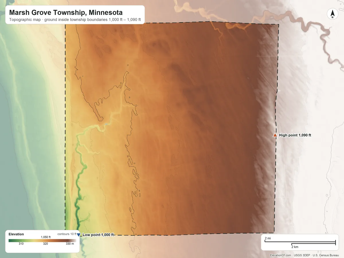 Topographic elevation map of Marsh Grove Township, Minnesota, shaded from 1,000 ft on the southwest side to 1,090 ft on the east side
