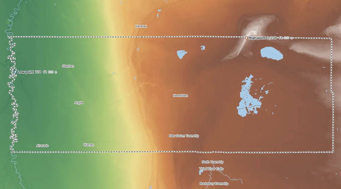 Topographic elevation map of Marshall County, Minnesota, shaded from 770 ft on the west side to 1,240 ft on the northeast side