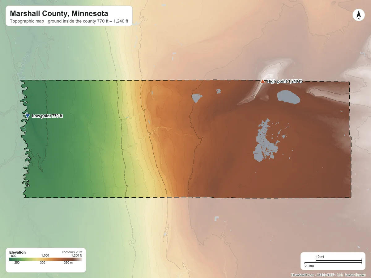 Topographic elevation map of Marshall County, Minnesota, shaded from 770 ft on the west side to 1,240 ft on the northeast side