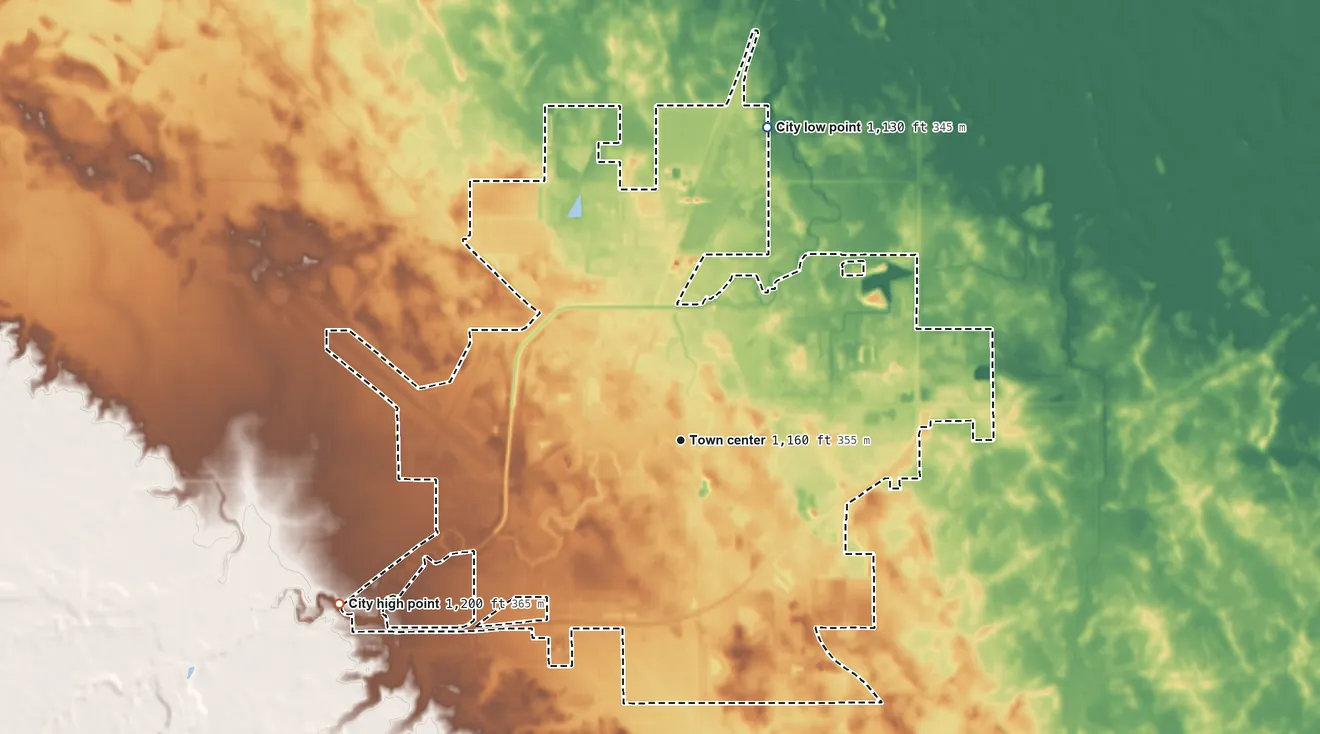 Topographic elevation map of Marshall, Minnesota, shaded from 1,130 ft on the north side to 1,200 ft on the southwest side