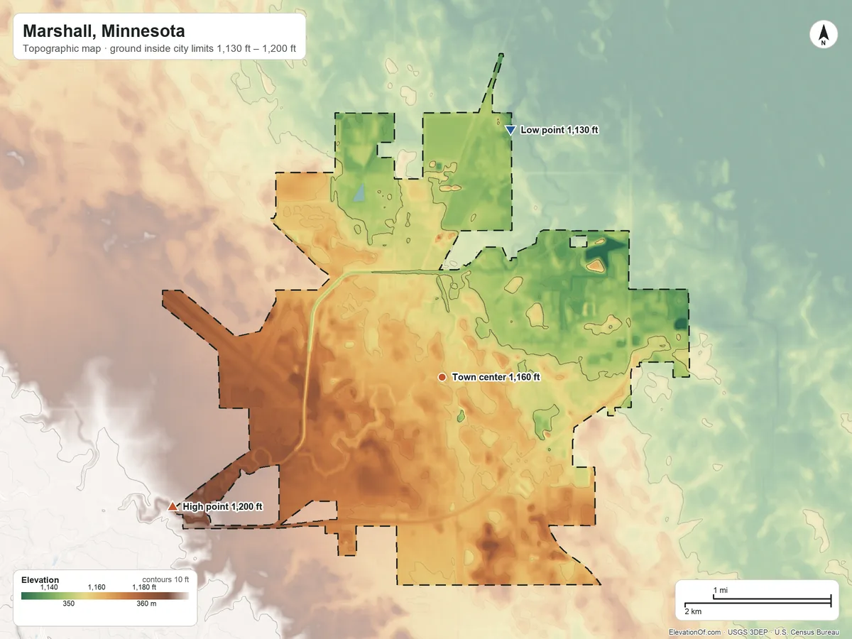 Topographic elevation map of Marshall, Minnesota, shaded from 1,130 ft on the north side to 1,200 ft on the southwest side
