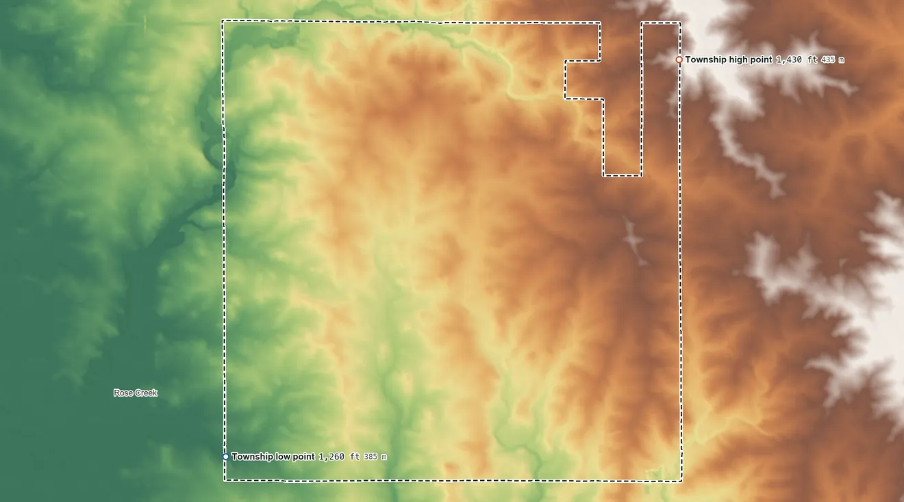 Topographic elevation map of Marshall Township, Minnesota, shaded from 1,260 ft on the southwest side to 1,430 ft on the northeast side