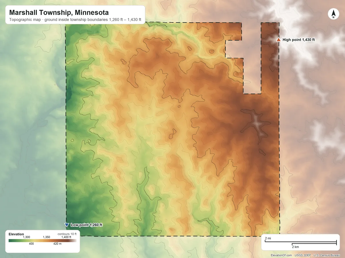Topographic elevation map of Marshall Township, Minnesota, shaded from 1,260 ft on the southwest side to 1,430 ft on the northeast side