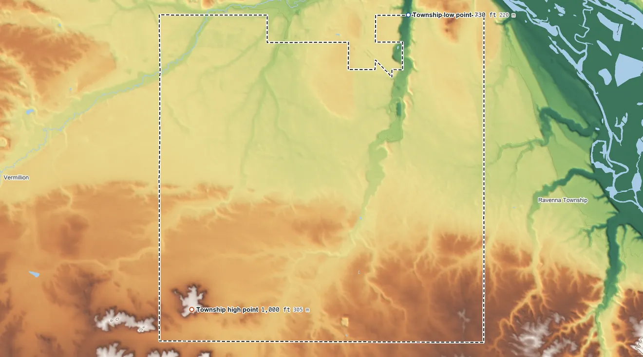 Topographic elevation map of Marshan Township, Minnesota, shaded from 730 ft on the northeast side to 1,000 ft on the southwest side