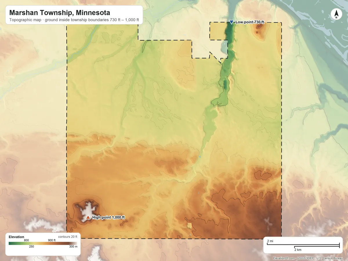 Topographic elevation map of Marshan Township, Minnesota, shaded from 730 ft on the northeast side to 1,000 ft on the southwest side