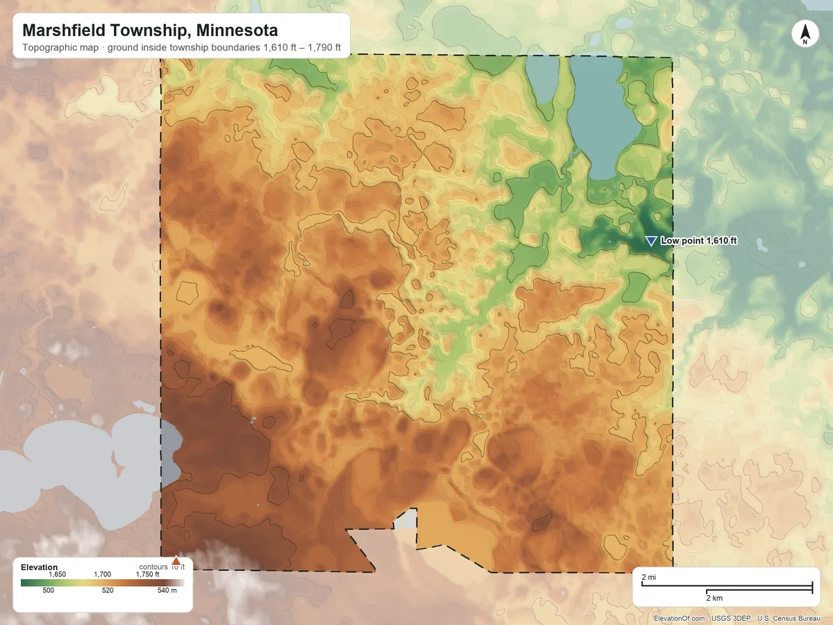 Topographic elevation map of Marshfield Township, Minnesota, shaded from 1,610 ft on the northeast side to 1,790 ft on the southwest side