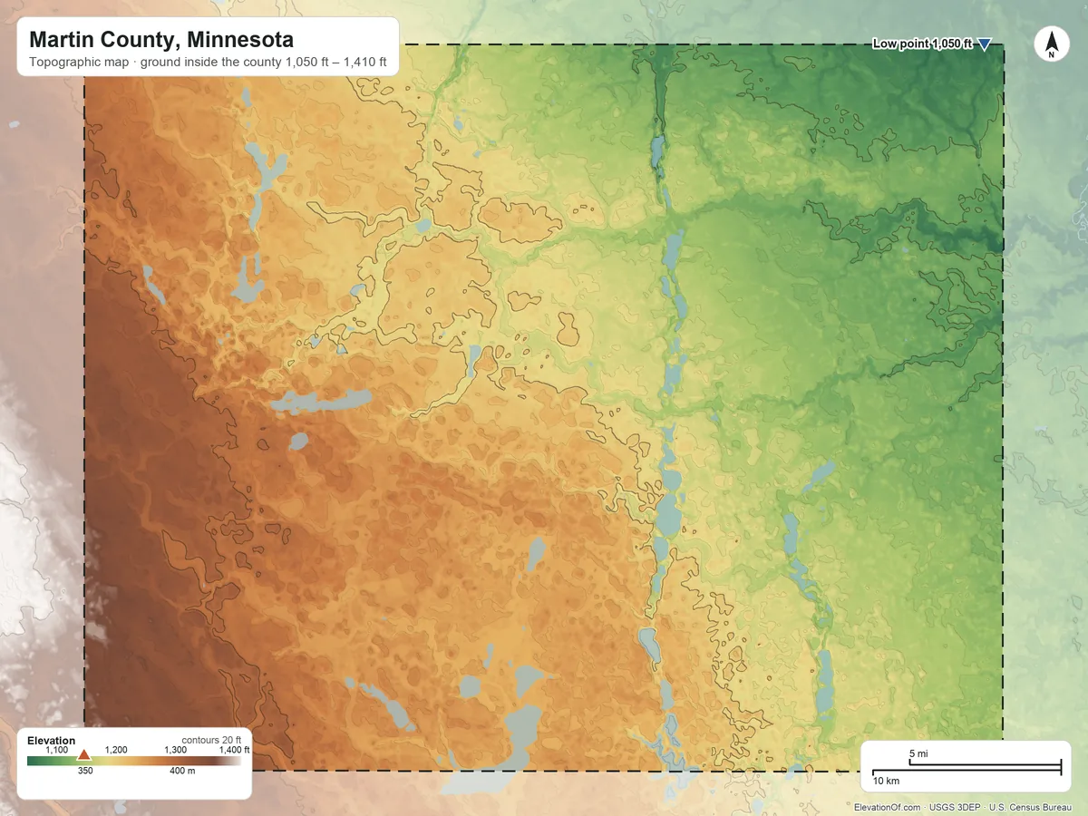 Topographic elevation map of Martin County, Minnesota, shaded from 1,050 ft on the northeast side to 1,410 ft on the southwest side