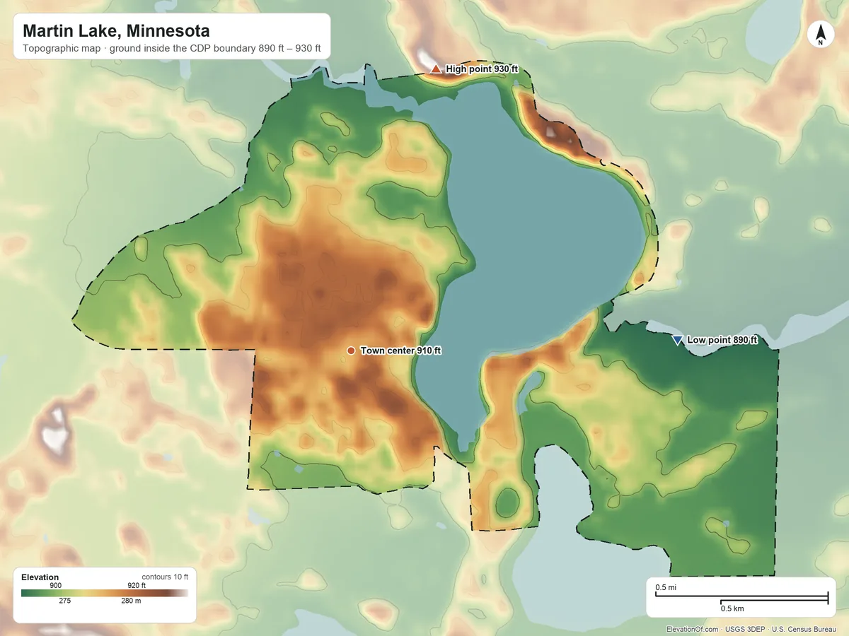 Topographic elevation map of Martin Lake, Minnesota, shaded from 890 ft on the east side to 930 ft on the north side