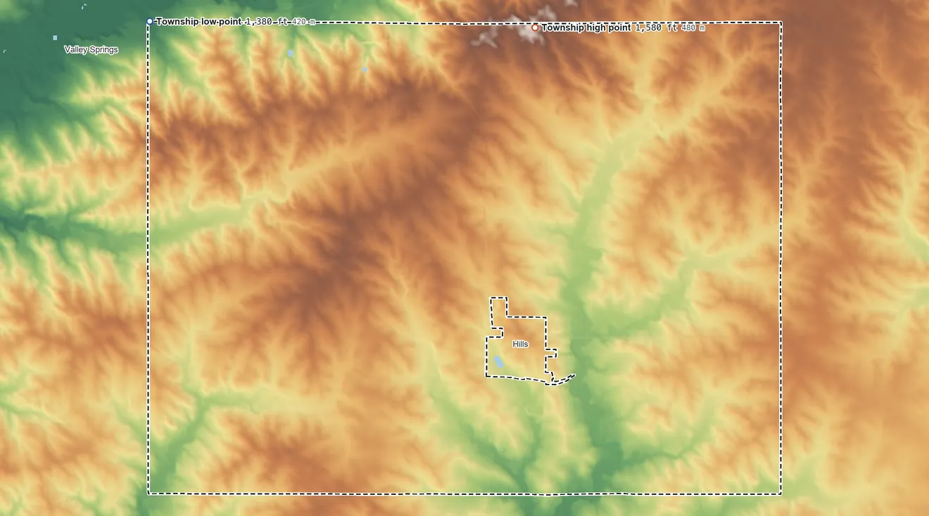 Topographic elevation map of Martin Township, Minnesota, shaded from 1,380 ft on the northwest side to 1,580 ft on the north side