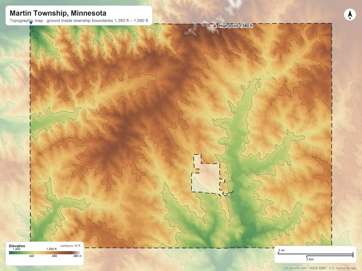 Topographic elevation map of Martin Township, Minnesota, shaded from 1,380 ft on the northwest side to 1,580 ft on the north side