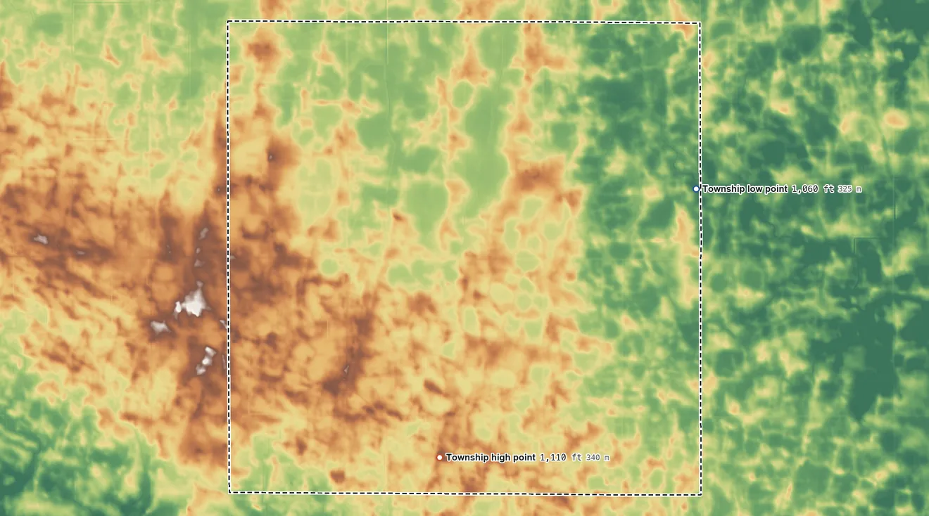 Topographic elevation map of Martinsburg Township, Minnesota, shaded from 1,060 ft on the northeast side to 1,110 ft on the south side