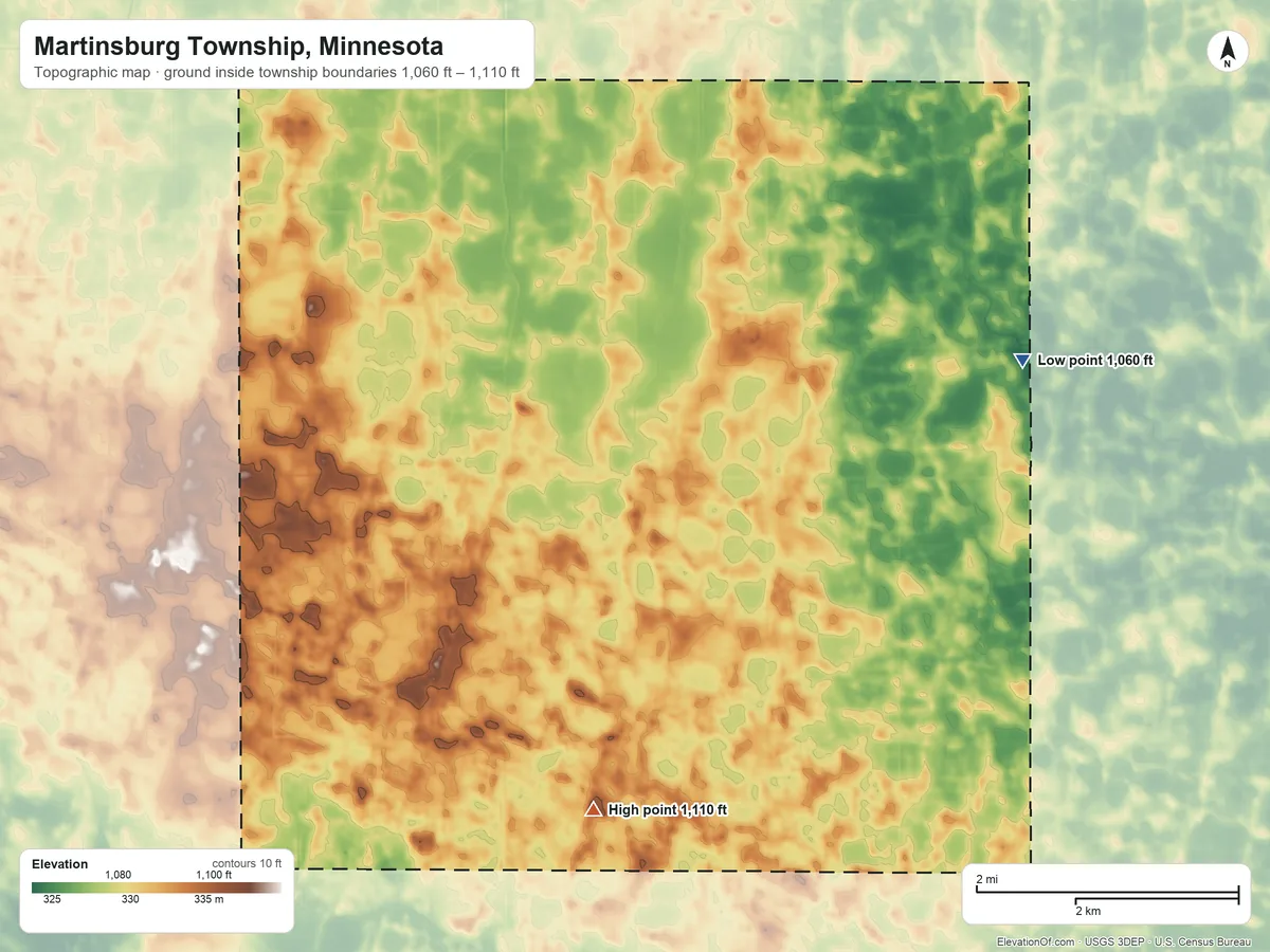Topographic elevation map of Martinsburg Township, Minnesota, shaded from 1,060 ft on the northeast side to 1,110 ft on the south side