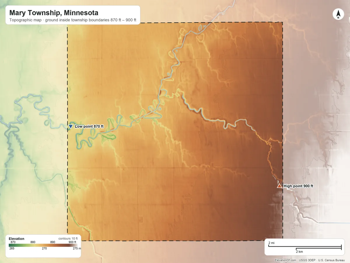 Topographic elevation map of Mary Township, Minnesota, shaded from 870 ft on the west side to 900 ft on the east side