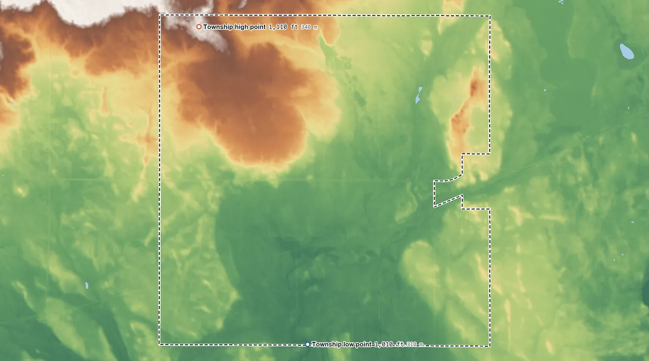 Topographic elevation map of Marysland Township, Minnesota, shaded from 1,010 ft on the south side to 1,110 ft on the northwest side