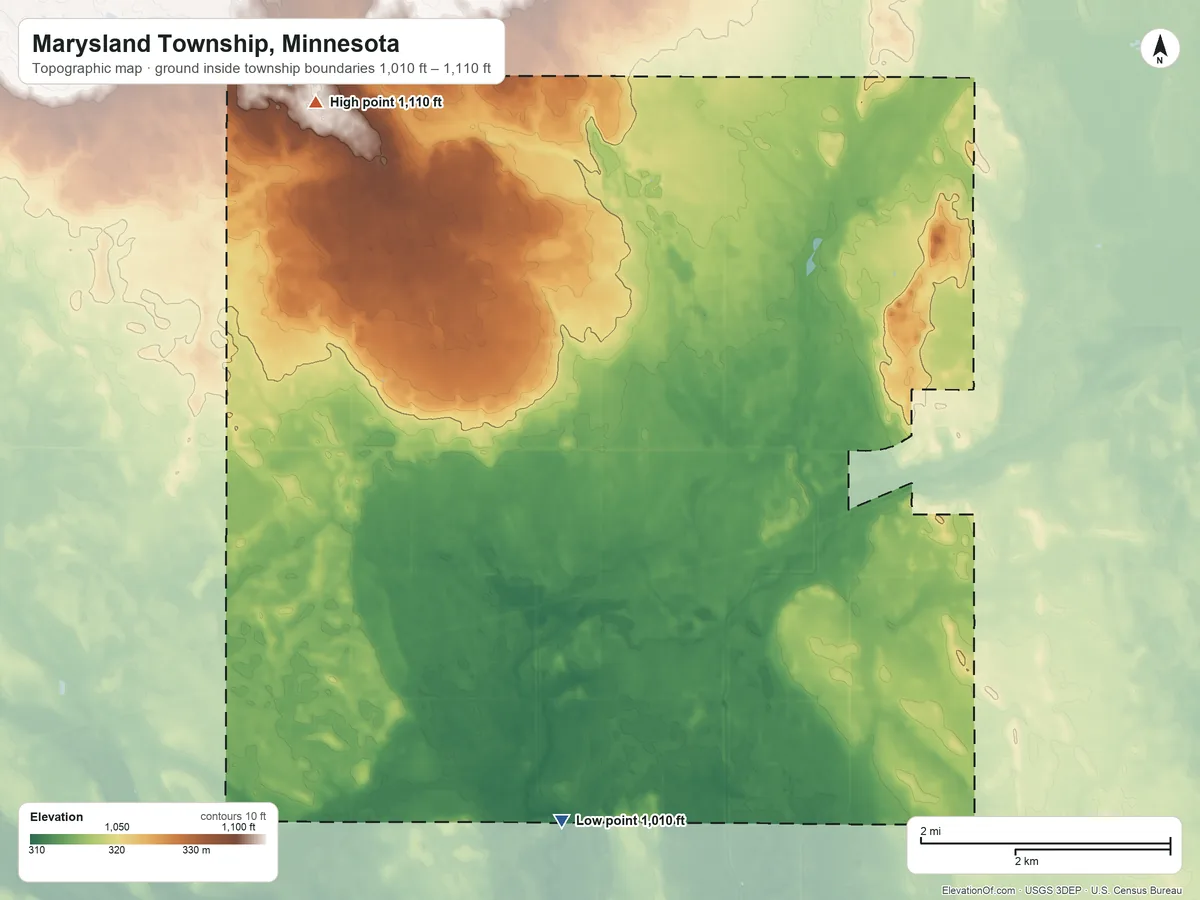 Topographic elevation map of Marysland Township, Minnesota, shaded from 1,010 ft on the south side to 1,110 ft on the northwest side