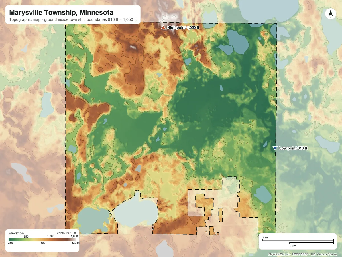 Topographic elevation map of Marysville Township, Minnesota, shaded from 910 ft on the east side to 1,050 ft on the north side