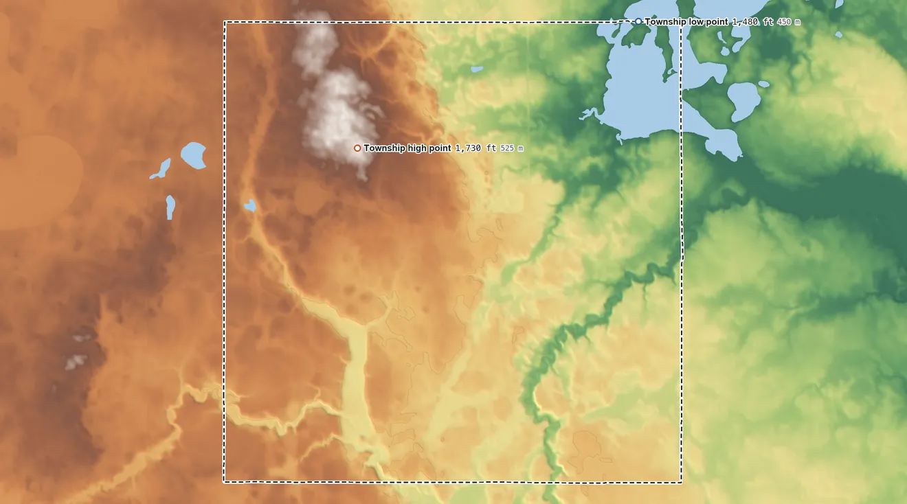 Topographic elevation map of Mason Township, Minnesota, shaded from 1,480 ft on the northeast side to 1,730 ft on the west side
