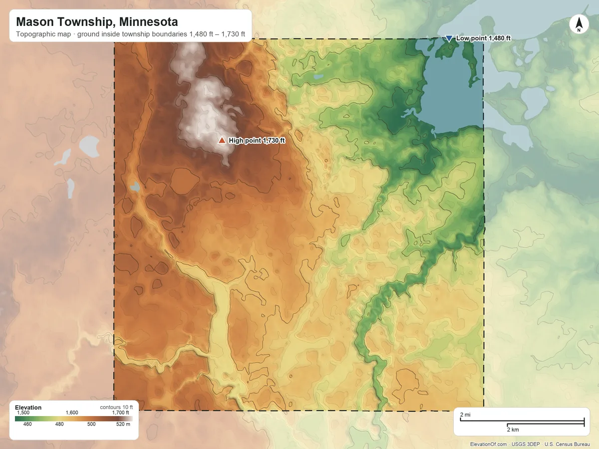 Topographic elevation map of Mason Township, Minnesota, shaded from 1,480 ft on the northeast side to 1,730 ft on the west side