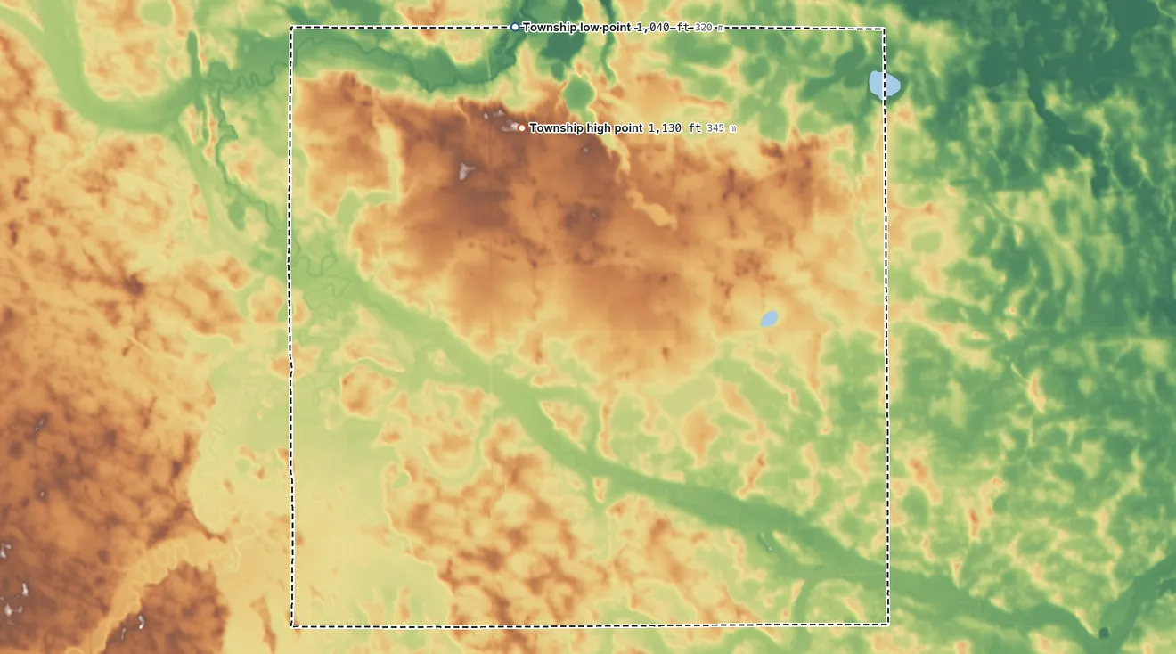 Topographic elevation map of Maxwell Township, Minnesota, shaded from 1,040 ft on the north side to 1,130 ft near the middle
