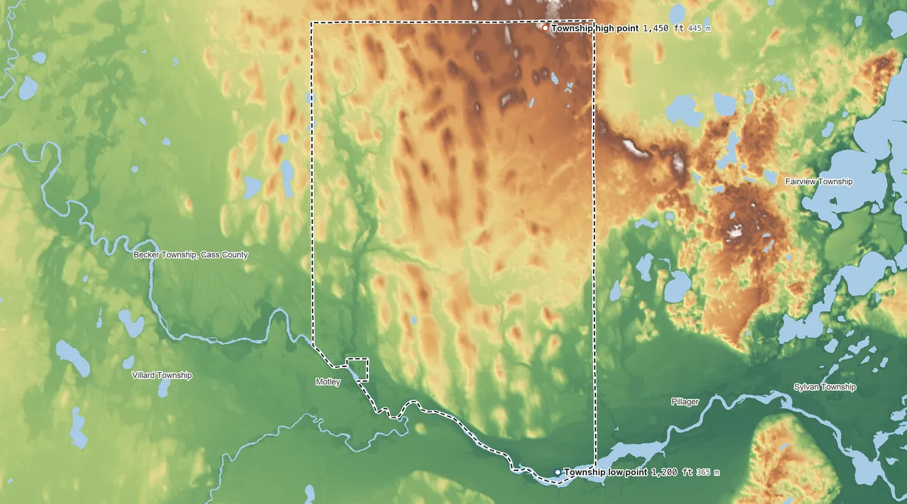 Topographic elevation map of May Township, Cass County, Minnesota, shaded from 1,200 ft on the southeast side to 1,450 ft on the north side