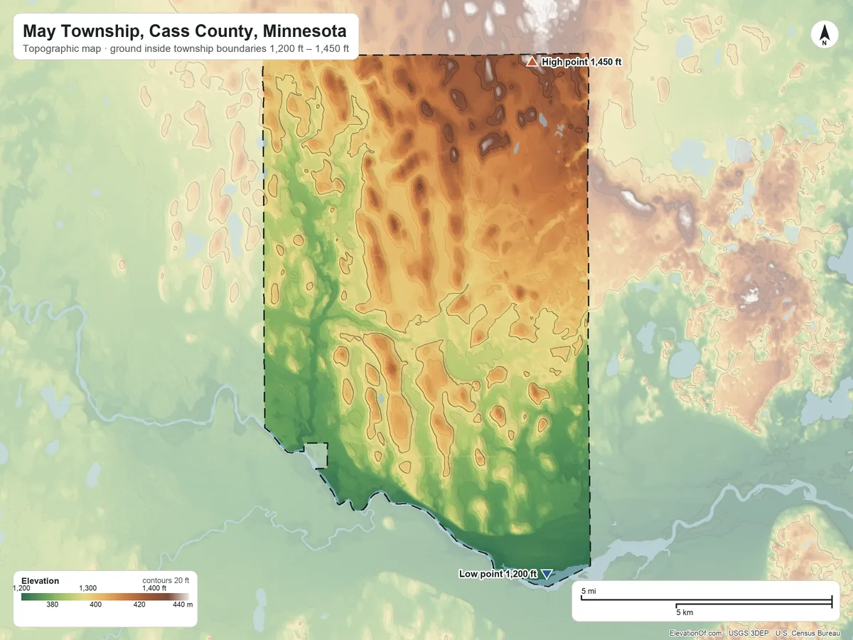 Topographic elevation map of May Township, Cass County, Minnesota, shaded from 1,200 ft on the southeast side to 1,450 ft on the north side