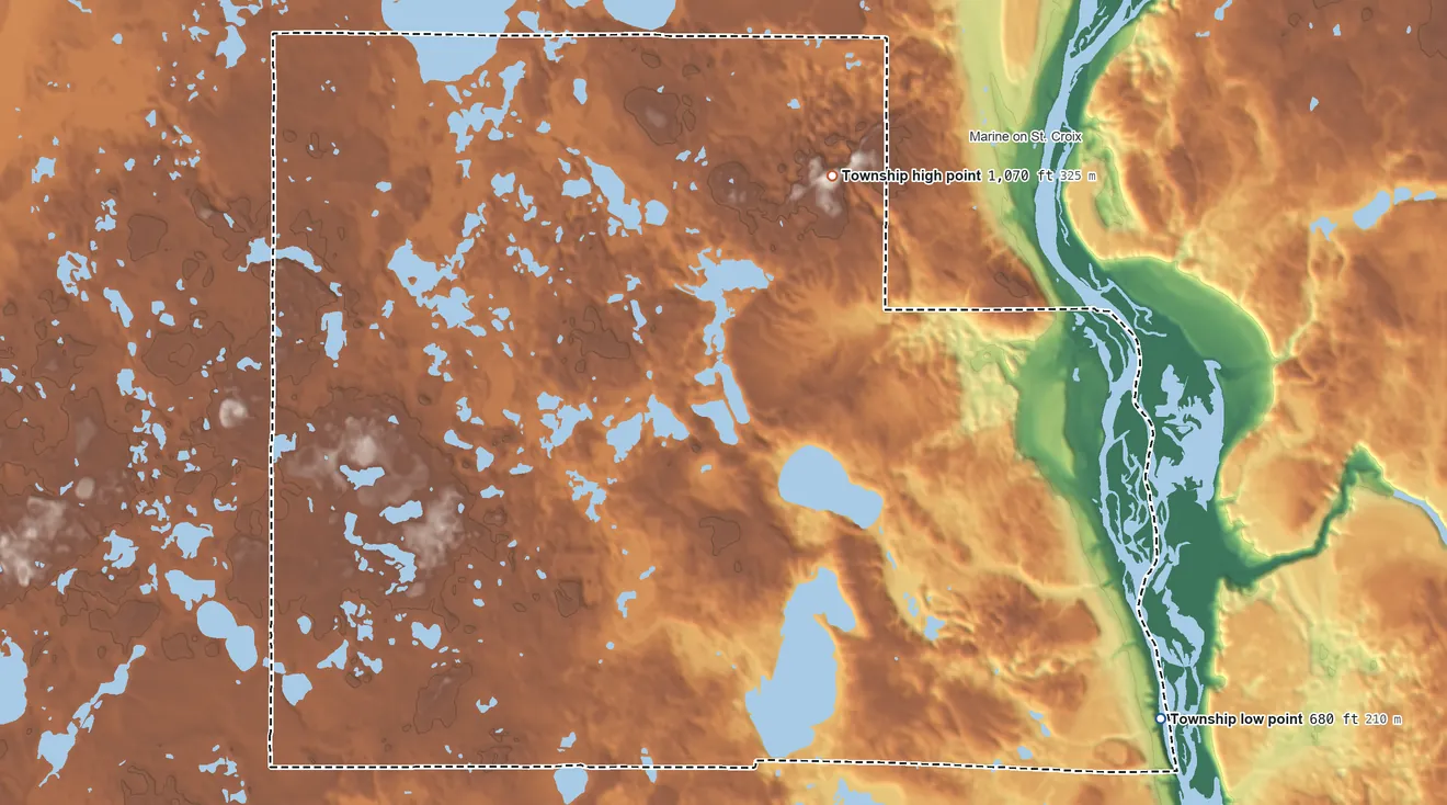 Topographic elevation map of May Township, Minnesota, shaded from 680 ft on the southeast side to 1,070 ft on the north side