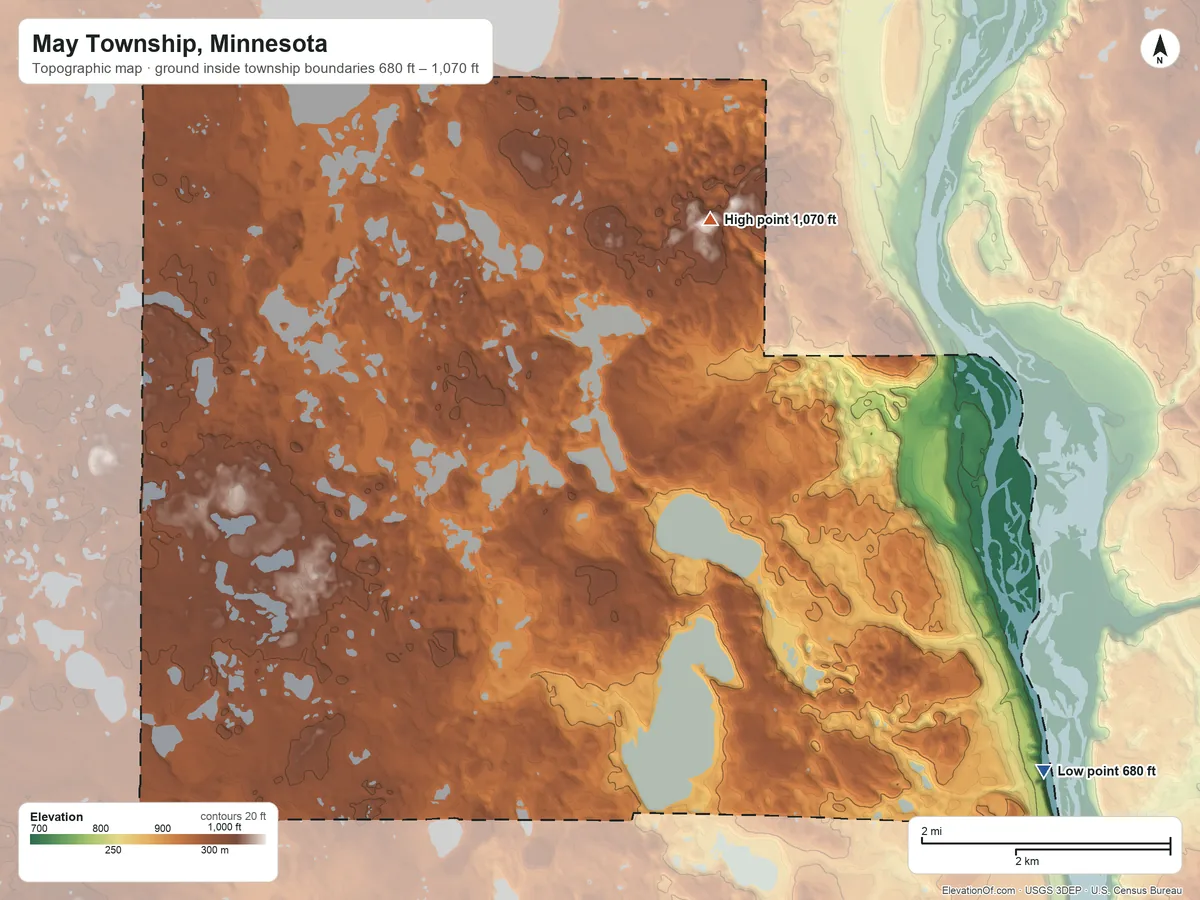 Topographic elevation map of May Township, Minnesota, shaded from 680 ft on the southeast side to 1,070 ft on the north side
