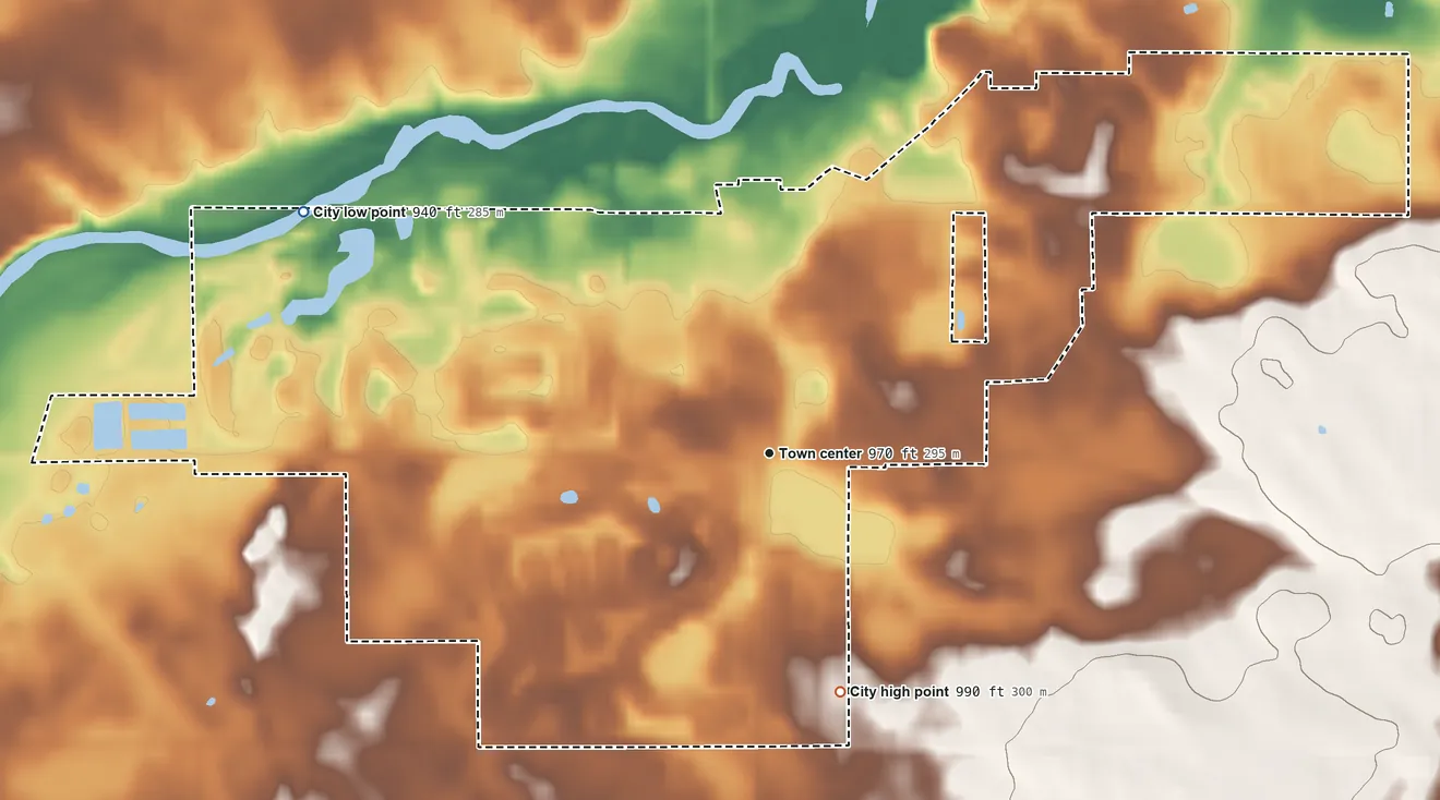 Topographic elevation map of Mayer, Minnesota, shaded from 940 ft on the northwest side to 990 ft on the south side