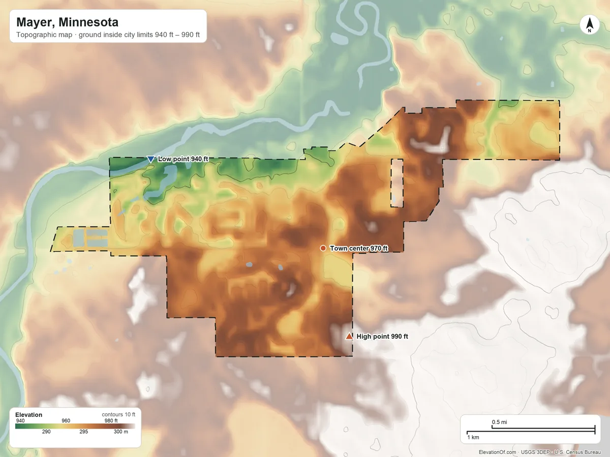 Topographic elevation map of Mayer, Minnesota, shaded from 940 ft on the northwest side to 990 ft on the south side
