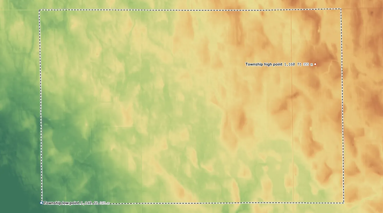 Topographic elevation map of Mayfield Township, Minnesota, shaded from 1,140 ft on the southwest side to 1,160 ft on the east side
