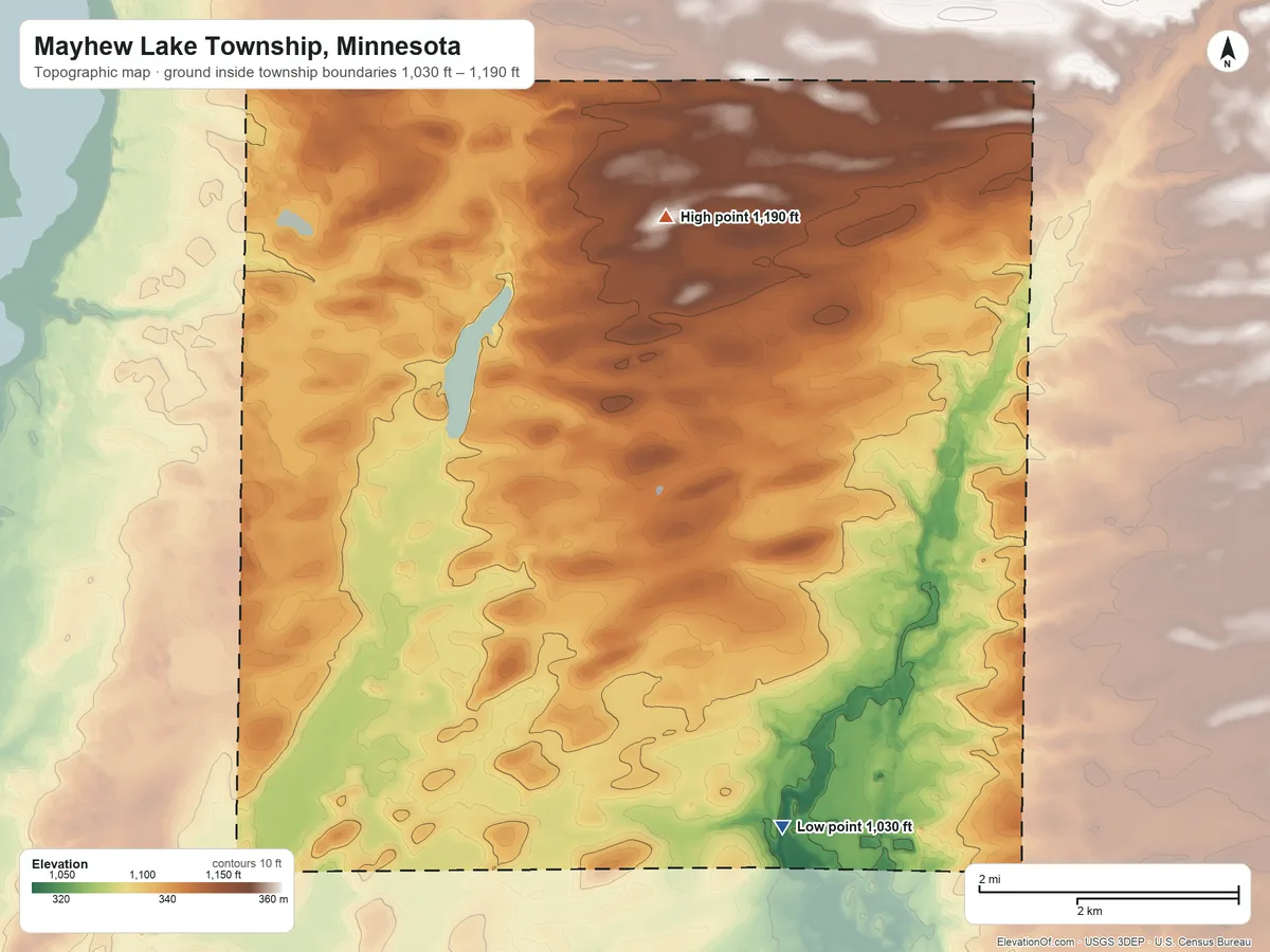 Topographic elevation map of Mayhew Lake Township, Minnesota, shaded from 1,030 ft on the south side to 1,190 ft on the north side