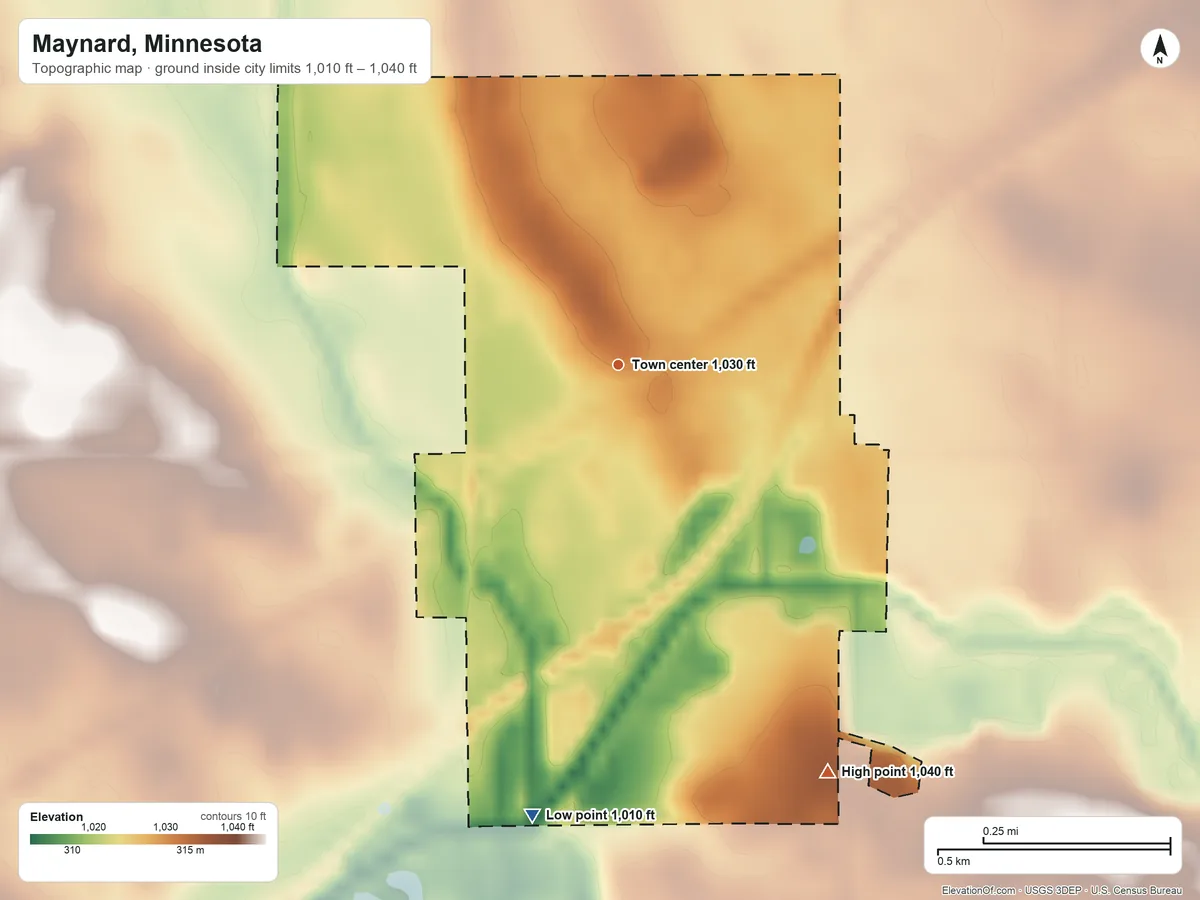 Topographic elevation map of Maynard, Minnesota, shaded from 1,010 ft on the south side to 1,040 ft on the southeast side