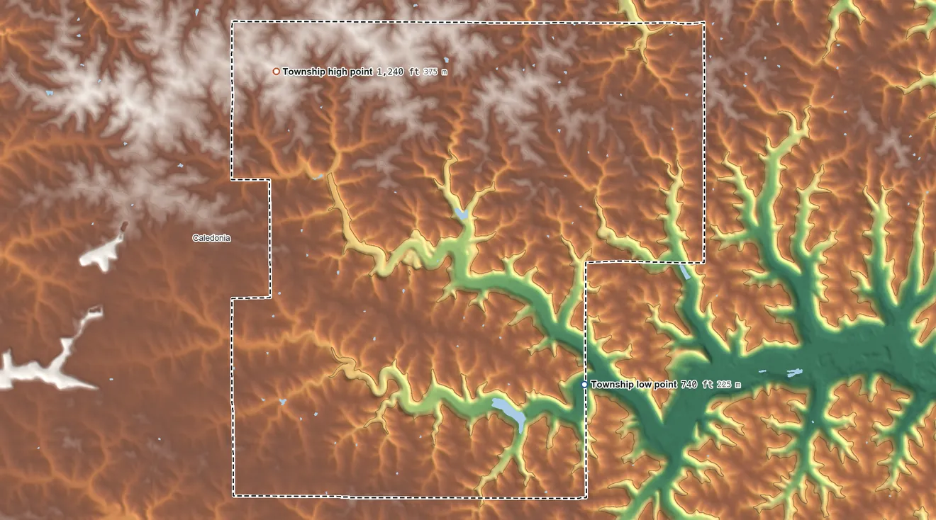 Topographic elevation map of Mayville Township, Minnesota, shaded from 740 ft on the southeast side to 1,240 ft on the northwest side