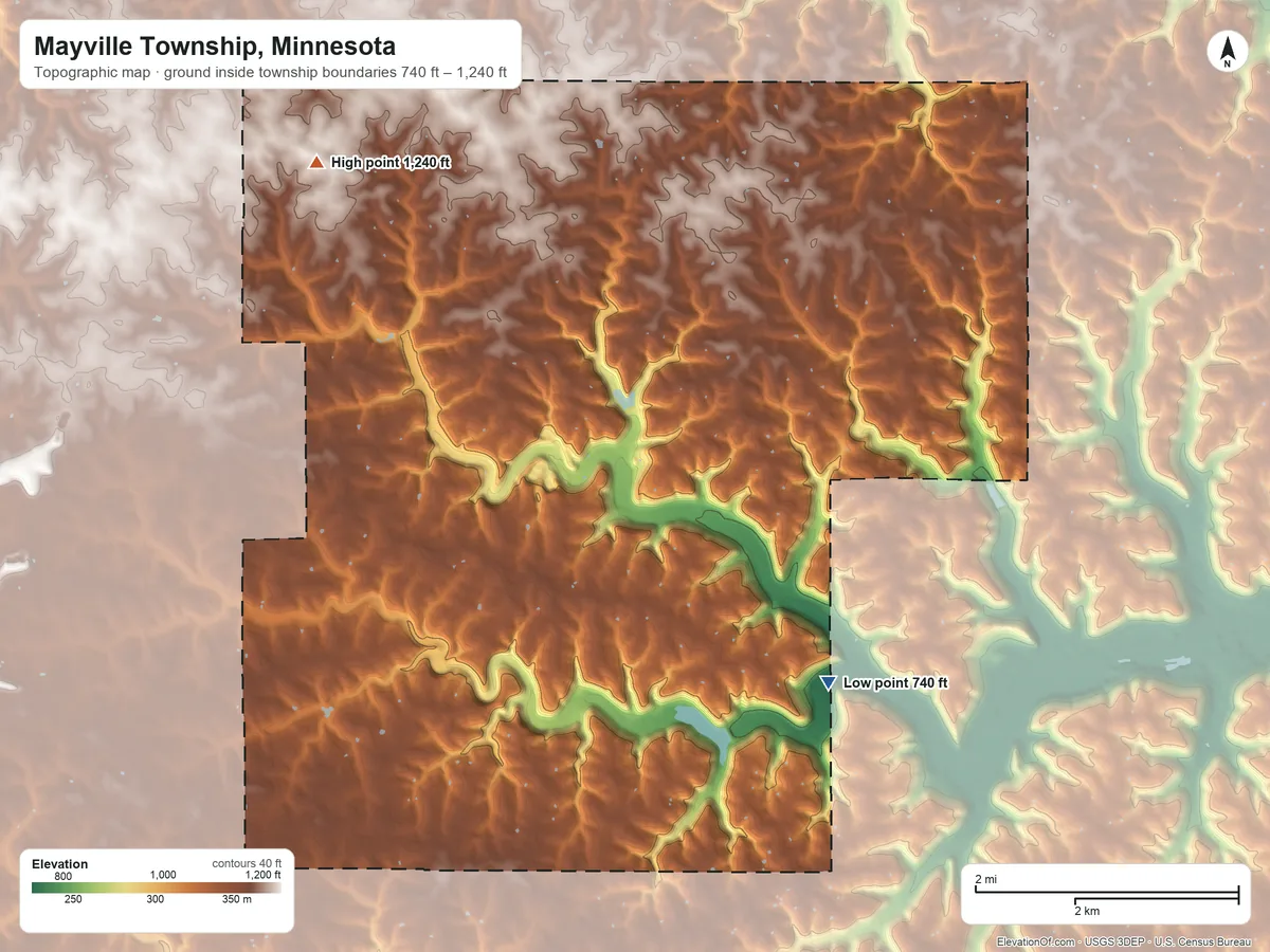 Topographic elevation map of Mayville Township, Minnesota, shaded from 740 ft on the southeast side to 1,240 ft on the northwest side