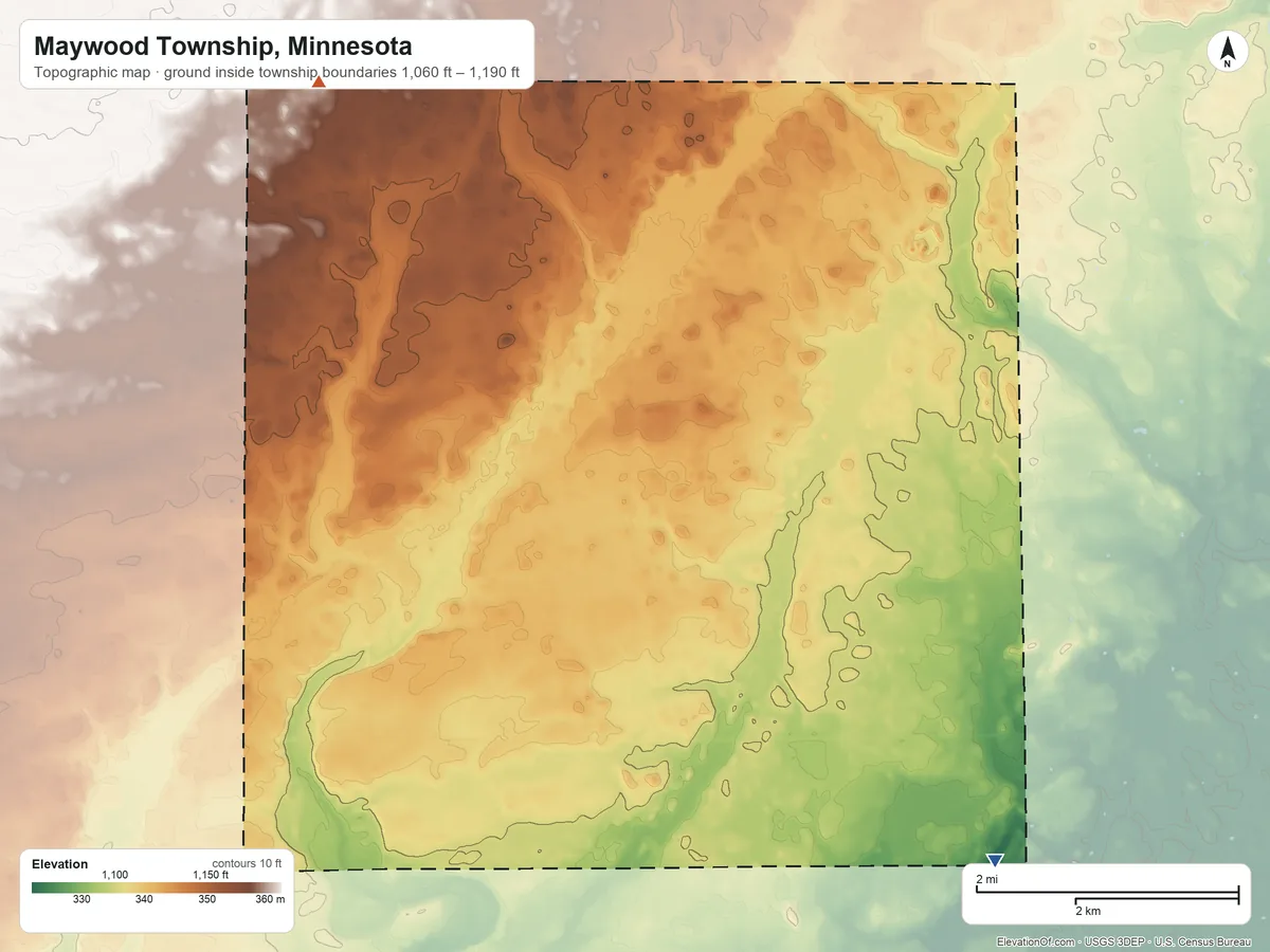 Topographic elevation map of Maywood Township, Minnesota, shaded from 1,060 ft on the southeast side to 1,190 ft on the northwest side