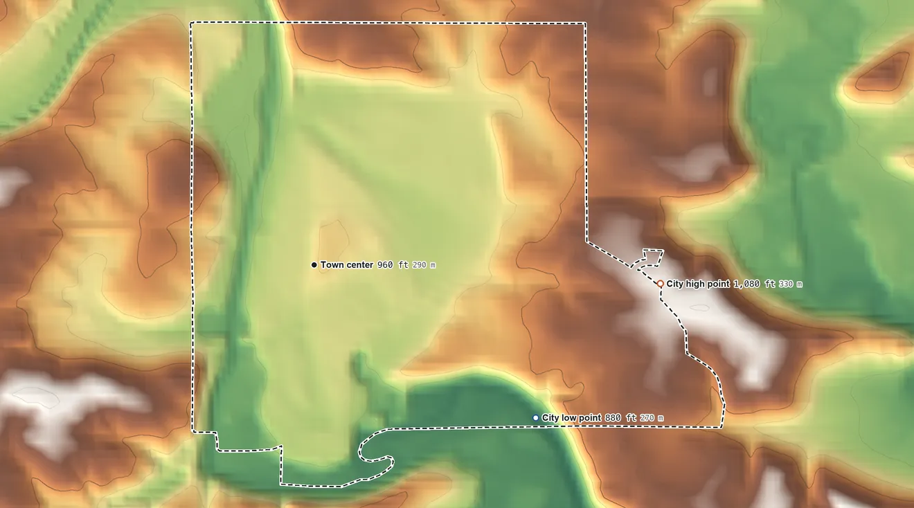 Topographic elevation map of Mazeppa, Minnesota, shaded from 880 ft on the southeast side to 1,080 ft on the east side