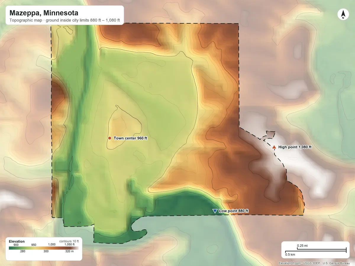 Topographic elevation map of Mazeppa, Minnesota, shaded from 880 ft on the southeast side to 1,080 ft on the east side