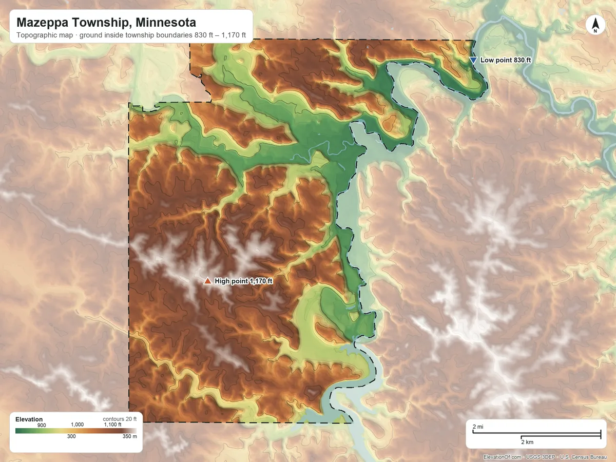 Topographic elevation map of Mazeppa Township, Minnesota, shaded from 830 ft on the northeast side to 1,170 ft on the west side