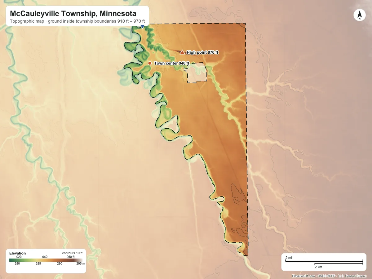 Topographic elevation map of McCauleyville Township, Minnesota, shaded from 910 ft on the north side to 970 ft on the east side