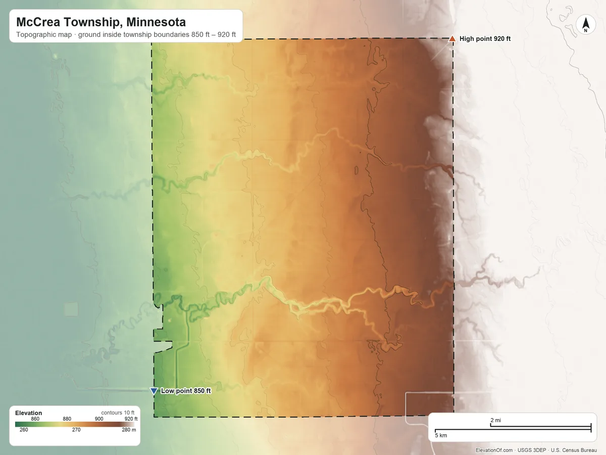 Topographic elevation map of McCrea Township, Minnesota, shaded from 850 ft on the southwest side to 920 ft on the northeast side