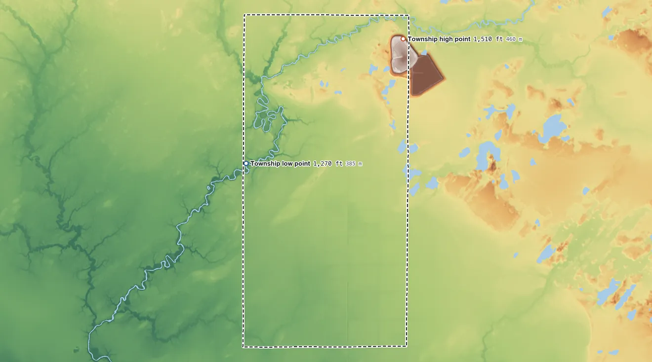 Topographic elevation map of McDavitt Township, Minnesota, shaded from 1,270 ft on the southwest side to 1,510 ft on the northeast side