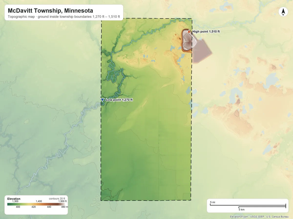 Topographic elevation map of McDavitt Township, Minnesota, shaded from 1,270 ft on the southwest side to 1,510 ft on the northeast side