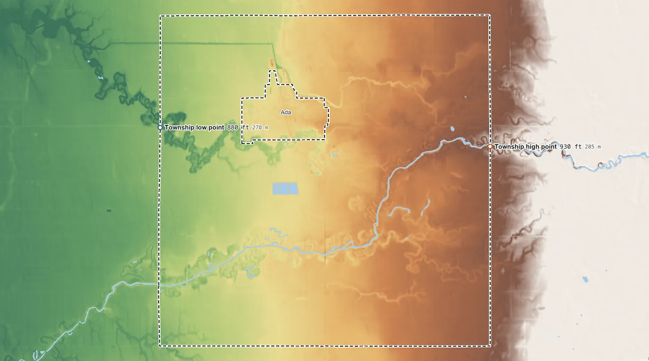 Topographic elevation map of McDonaldsville Township, Minnesota, shaded from 880 ft on the west side to 930 ft on the east side