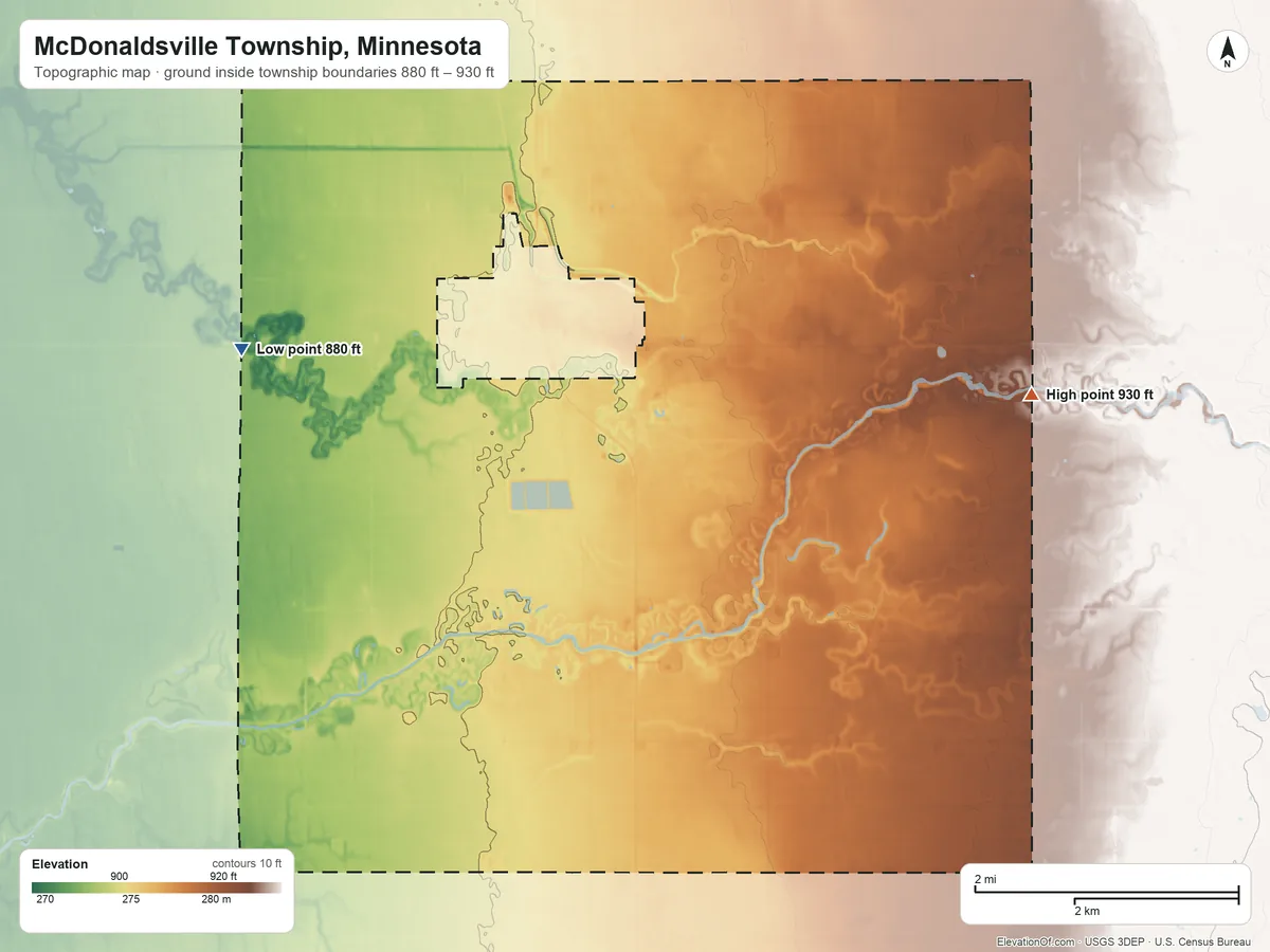 Topographic elevation map of McDonaldsville Township, Minnesota, shaded from 880 ft on the west side to 930 ft on the east side