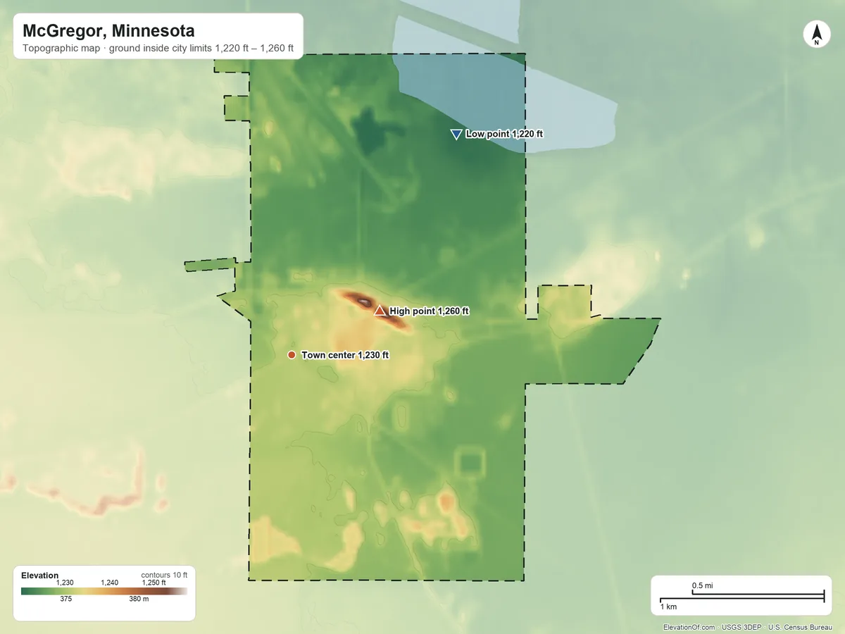 Topographic elevation map of McGregor, Minnesota, shaded from 1,220 ft on the northeast side to 1,260 ft on the northeast side