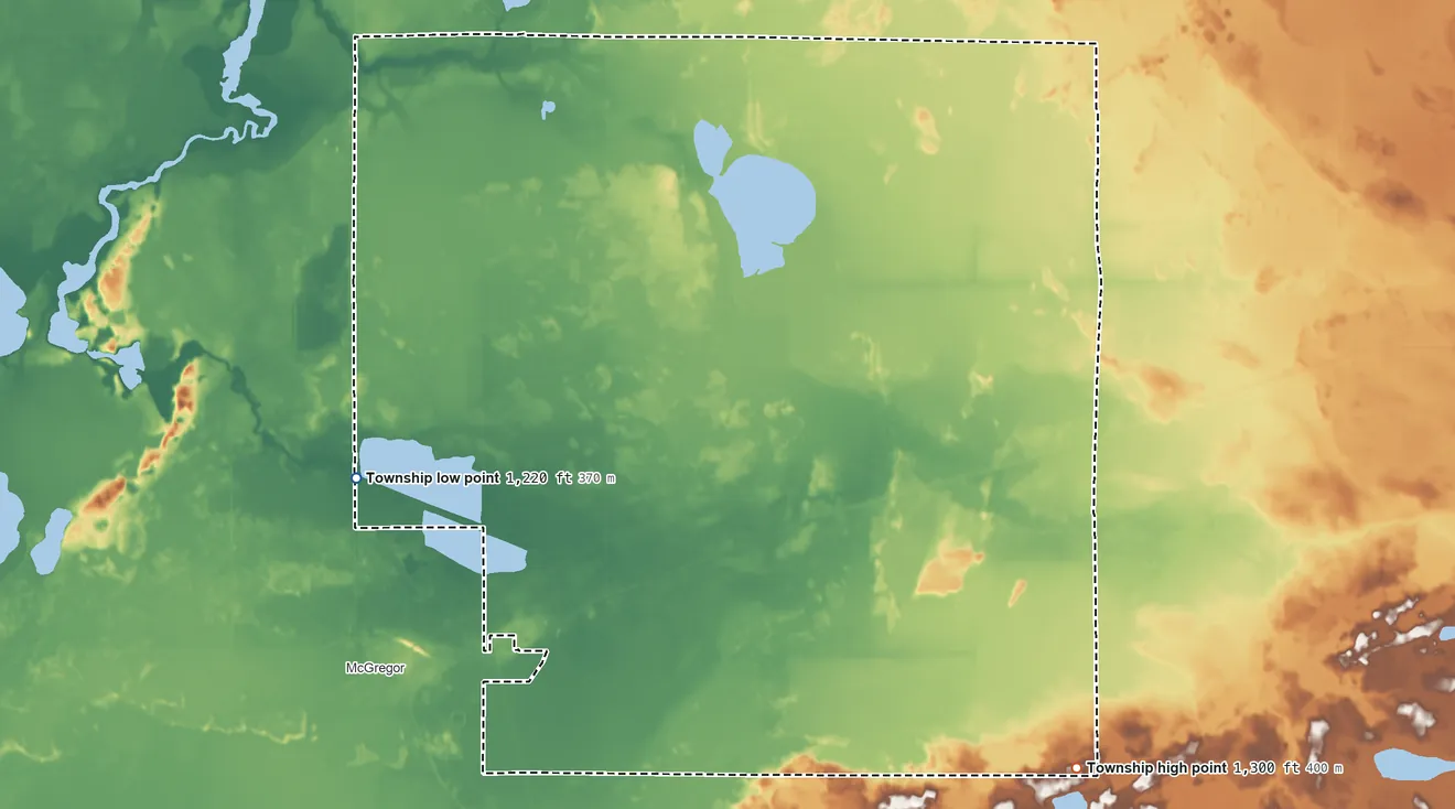 Topographic elevation map of McGregor Township, Minnesota, shaded from 1,220 ft on the west side to 1,300 ft on the southeast side