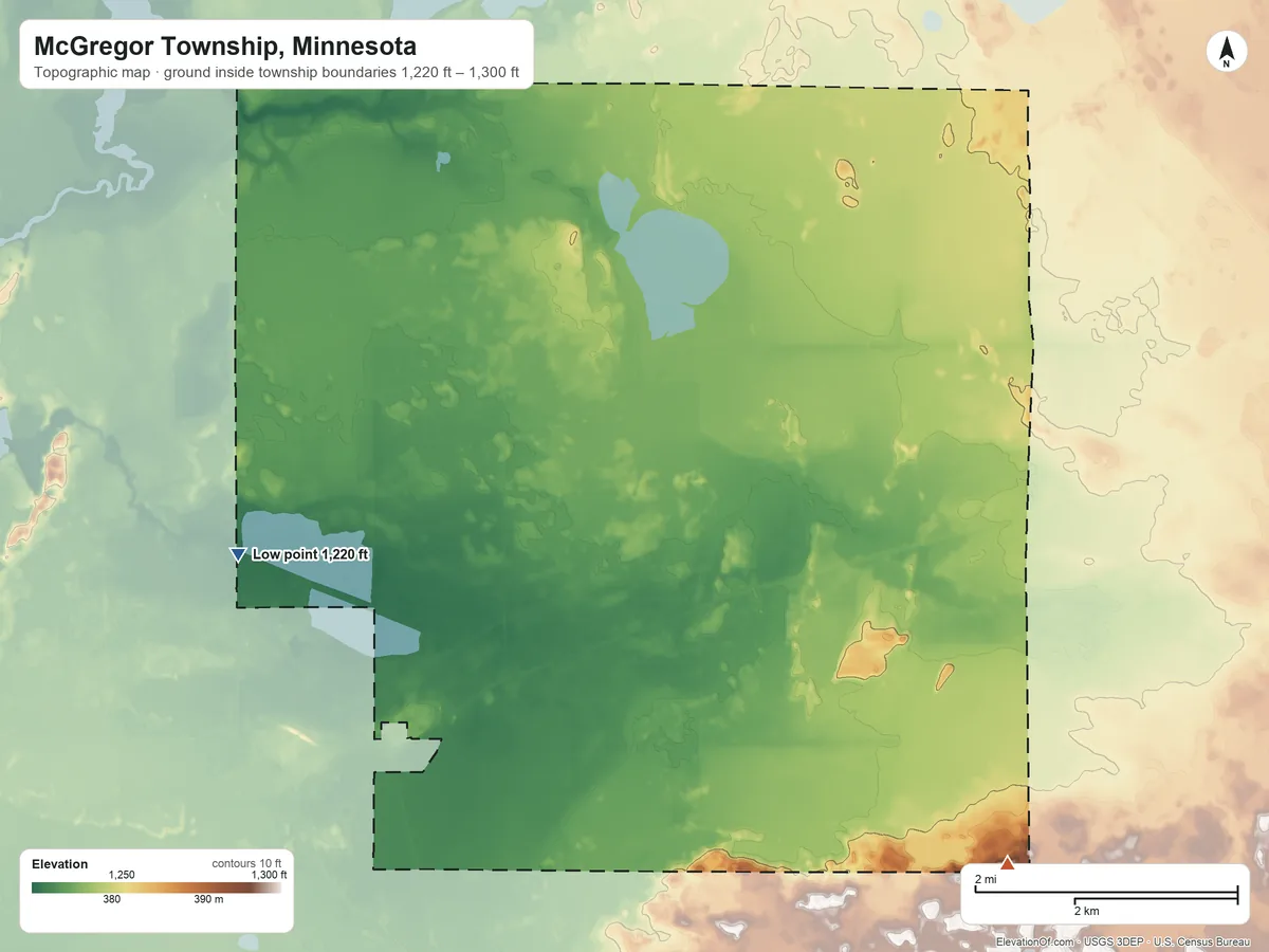 Topographic elevation map of McGregor Township, Minnesota, shaded from 1,220 ft on the west side to 1,300 ft on the southeast side