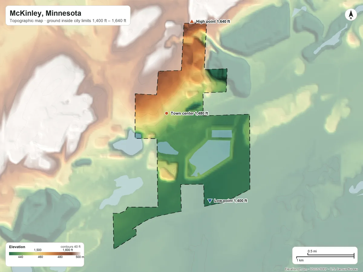 Topographic elevation map of McKinley, Minnesota, shaded from 1,400 ft on the southeast side to 1,640 ft on the north side