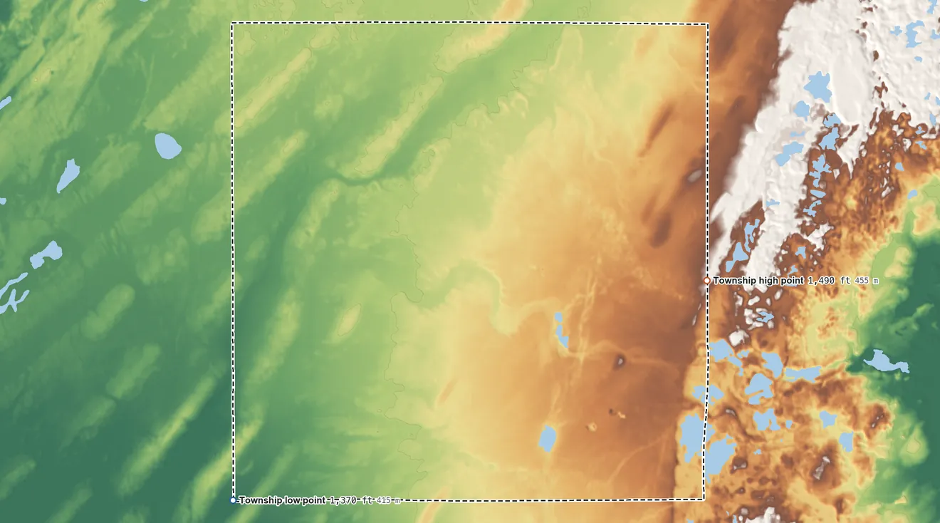 Topographic elevation map of McKinley Township, Minnesota, shaded from 1,370 ft on the southwest side to 1,490 ft on the east side